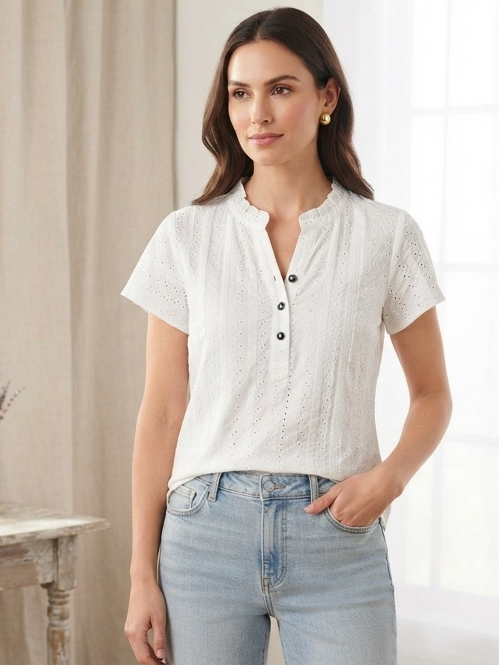 Kim Rogers White Eyelet Short-Sleeve Henley Blouse